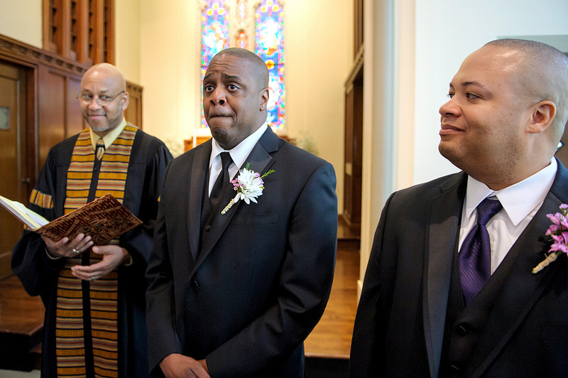 sequence of groom reacting to seeing bride
