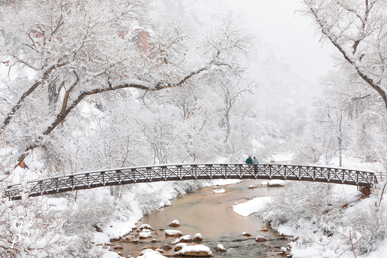 Zion Winter Wonderland:  bridge, stone bench, house and closed roads