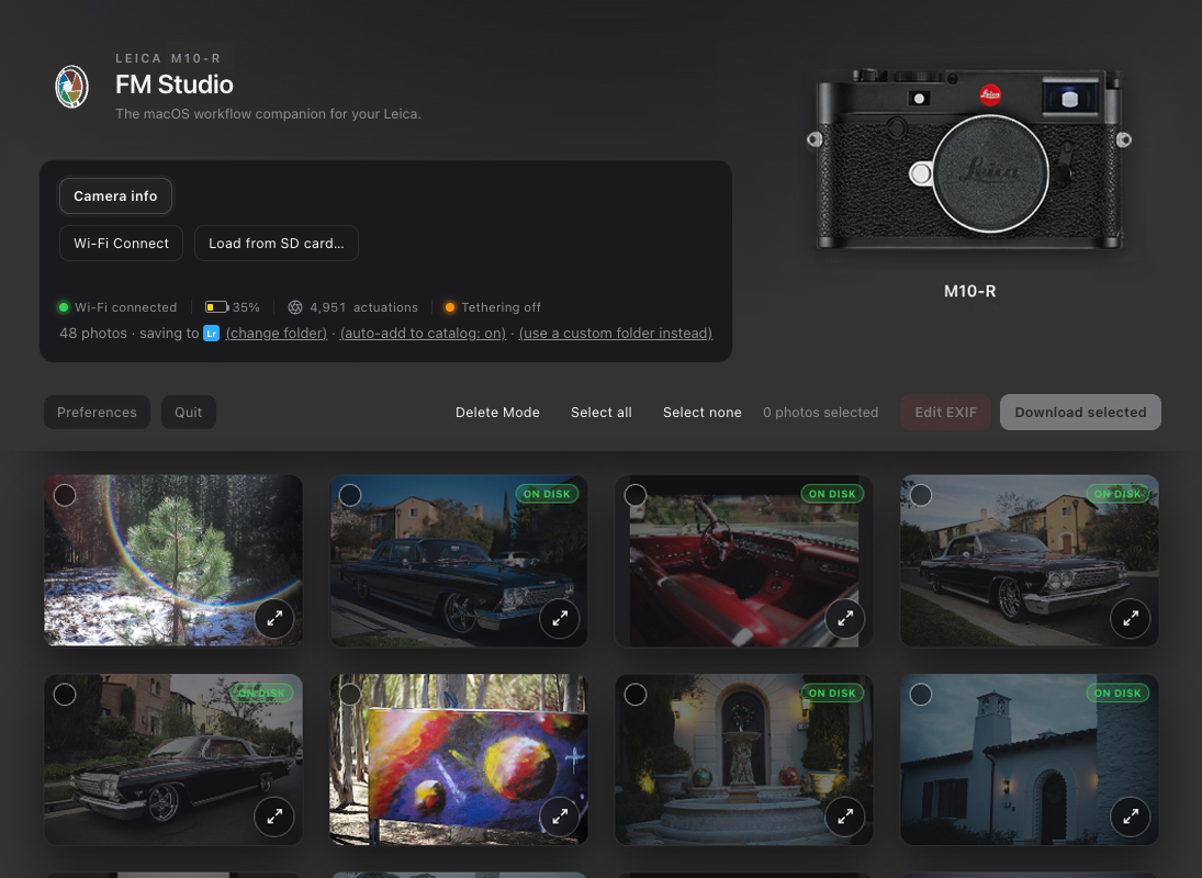 contact sheet grid with badges (RAW / JPEG / pair, on camera vs on disk) and filter bar