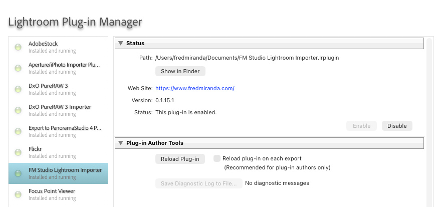 Lightroom plug-in / folder-watcher preference or simple “FM Studio → folder → LR” diagram