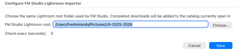 Lightroom plug-in / folder-watcher preference or simple “FM Studio → folder → LR” diagram