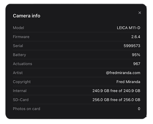 Camera info on a Leica M11-D showing battery, storage, and the shutter Actuations count