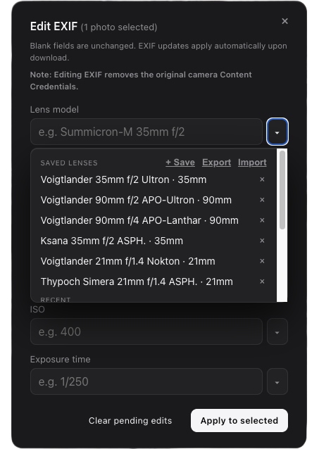 Edit EXIF / metadata panel on selected frames before download