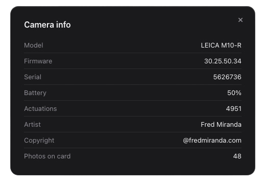 Camera info on a Leica M10-R showing battery, storage, and the shutter Actuations count